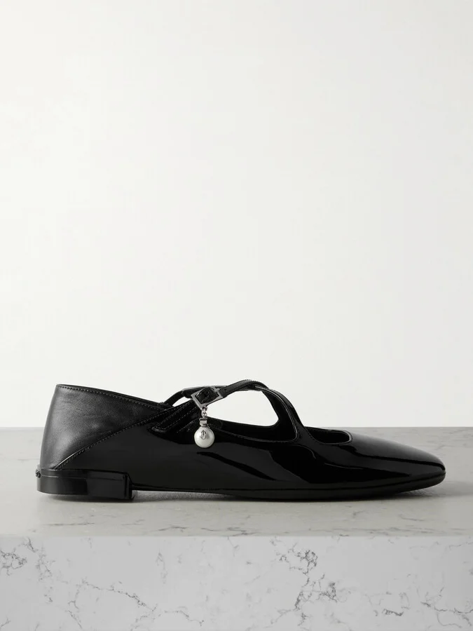 Jimmy Choo - Eleri Collapsible-heel Embellished Patent-leather Ballet Flats - Black