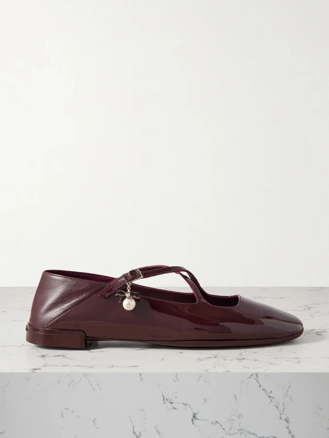 Jimmy Choo - Eleri Collapsible-heel Embellished Patent-leather Ballet Flats - Burgundy