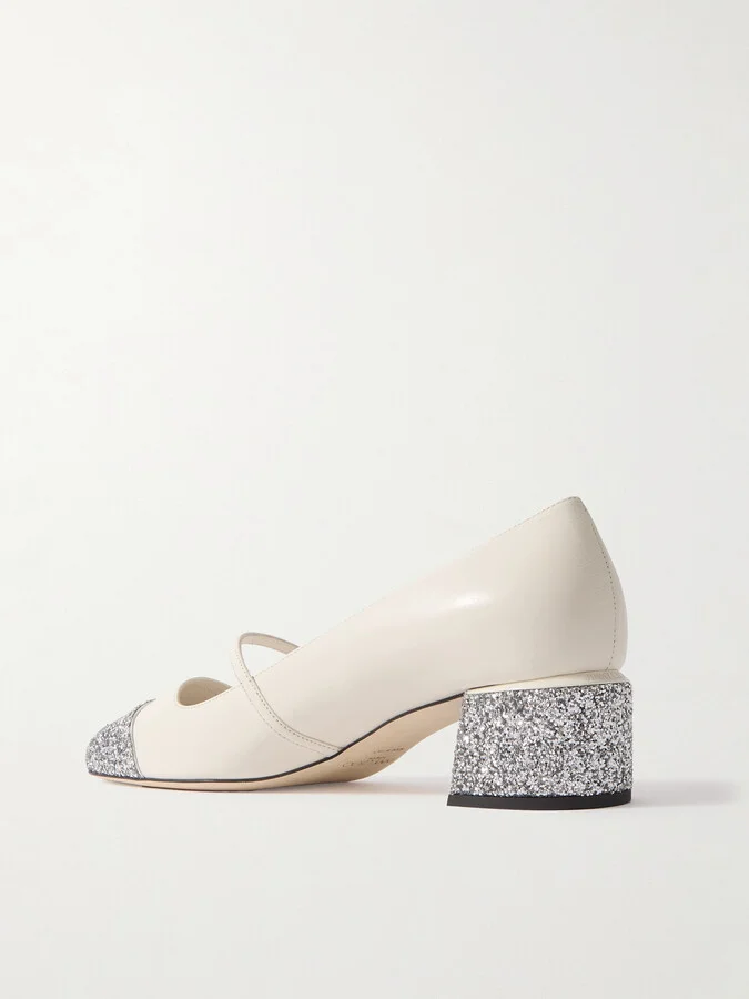 Jimmy Choo - Elisa 45 Embellished Glittered Leather Mary Jane Pumps - Off-white - Image 3