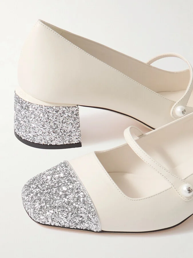 Jimmy Choo - Elisa 45 Embellished Glittered Leather Mary Jane Pumps - Off-white - Image 4
