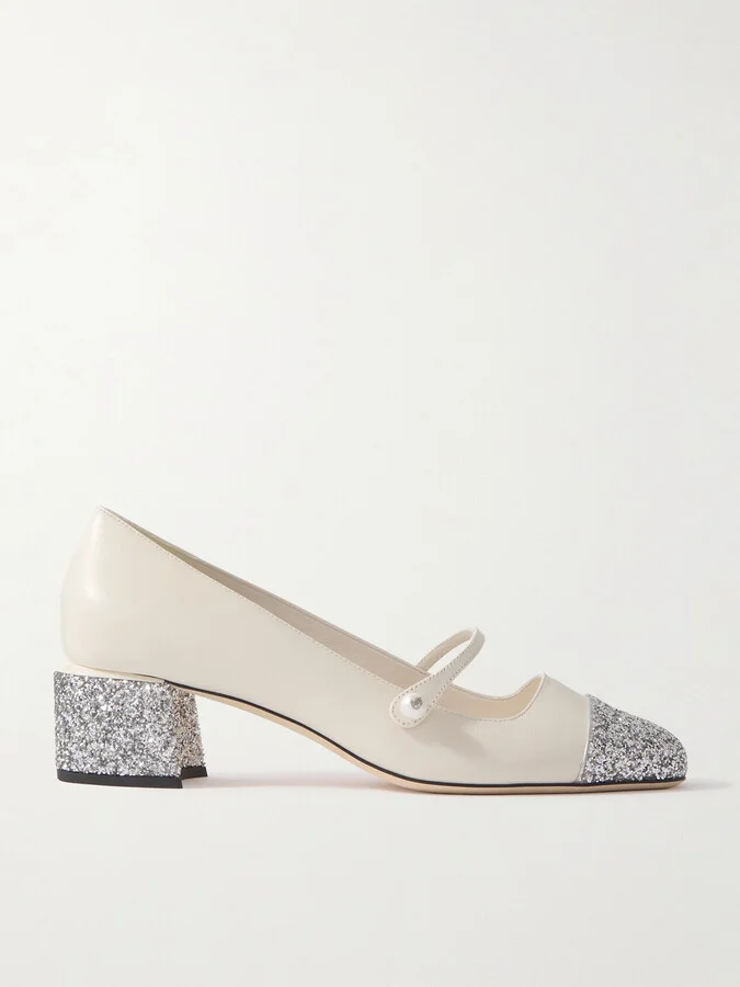 Jimmy Choo - Elisa 45 Embellished Glittered Leather Mary Jane Pumps - Off-white