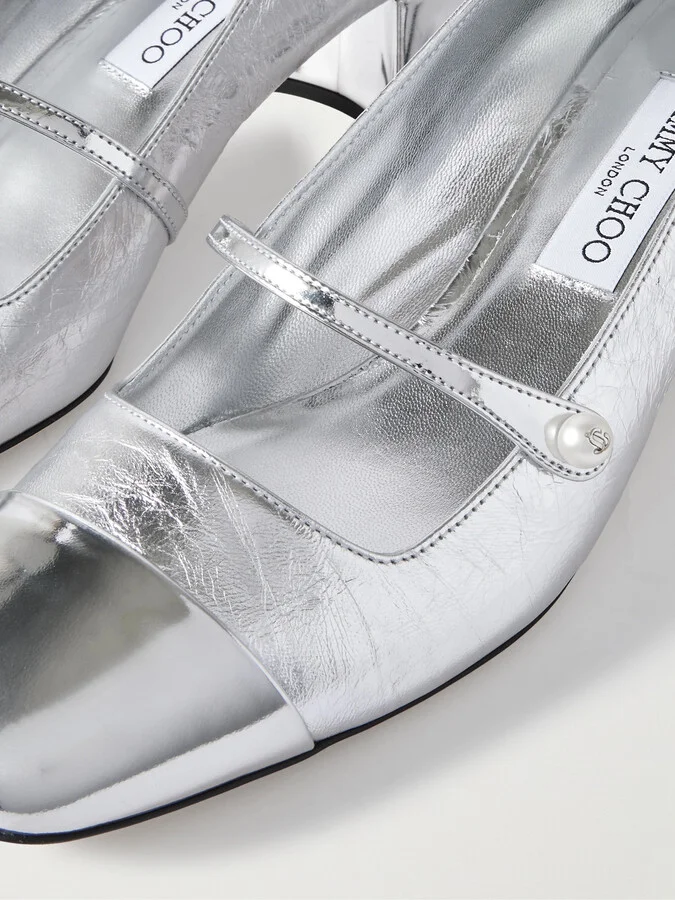 Jimmy Choo - Elisa 45 Embellished Metallic Leather Mary Jane Pumps - Silver - Image 4