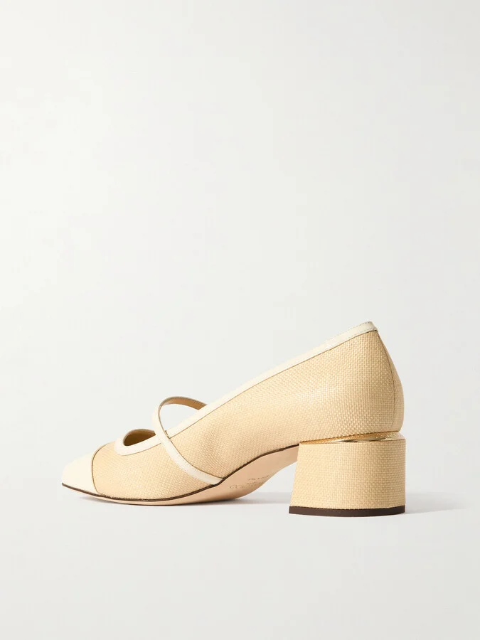 Jimmy Choo - Elisa 45 Embellished Patent Leather-trimmed Raffia Mary Jane Pumps - Off-white - Image 3