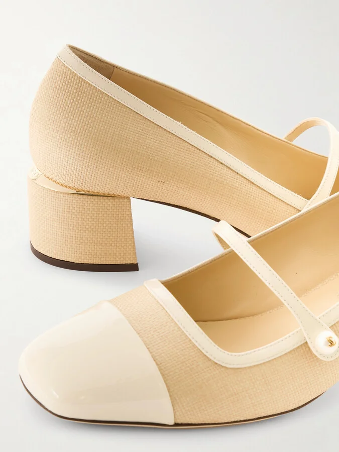 Jimmy Choo - Elisa 45 Embellished Patent Leather-trimmed Raffia Mary Jane Pumps - Off-white - Image 4