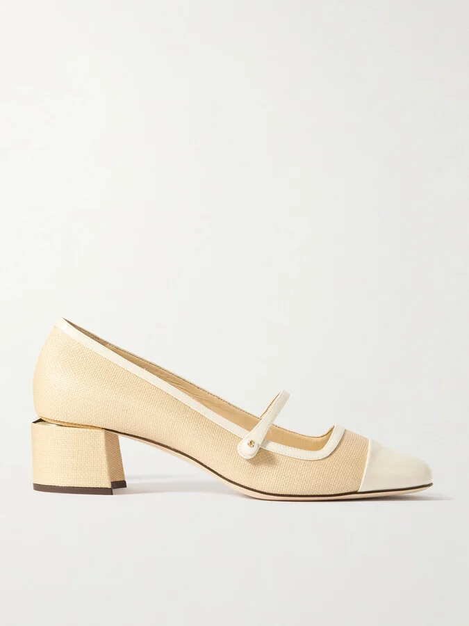 Jimmy Choo - Elisa 45 Embellished Patent Leather-trimmed Raffia Mary Jane Pumps - Off-white