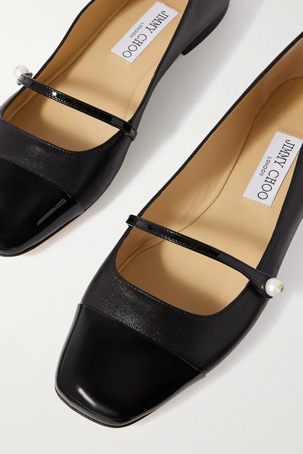 Jimmy Choo - Elisa Embellished Patent-trimmed Leather Mary Jane Flats - Black - Image 4