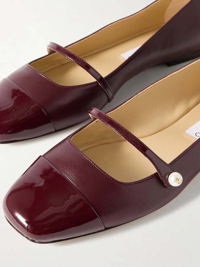Jimmy Choo - Elisa Embellished Patent-trimmed Leather Mary Jane Flats - Burgundy - Image 4
