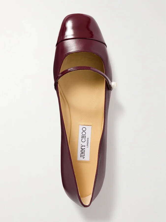 Jimmy Choo - Elisa Embellished Patent-trimmed Leather Mary Jane Flats - Burgundy - Image 5