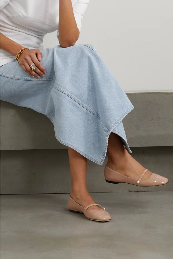 Jimmy Choo - Elisa Embellished Patent-trimmed Leather Mary Jane Flats - Neutrals - Image 2