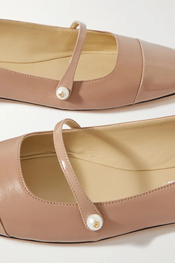 Jimmy Choo - Elisa Embellished Patent-trimmed Leather Mary Jane Flats - Neutrals - Image 4