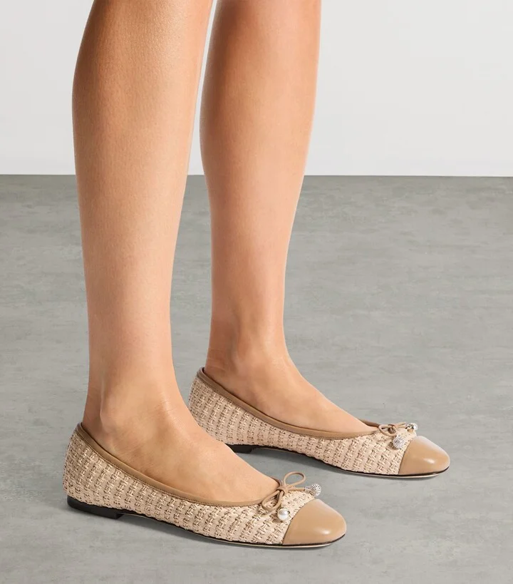 Jimmy Choo Elme Leather-Raffia Ballet Flats - Image 2