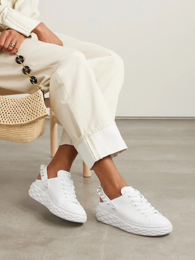 Jimmy Choo - Faux Pearl-embellished Leather Slingback Sneakers - White - Image 2