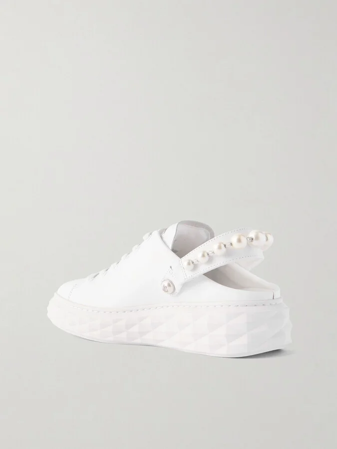 Jimmy Choo - Faux Pearl-embellished Leather Slingback Sneakers - White - Image 3