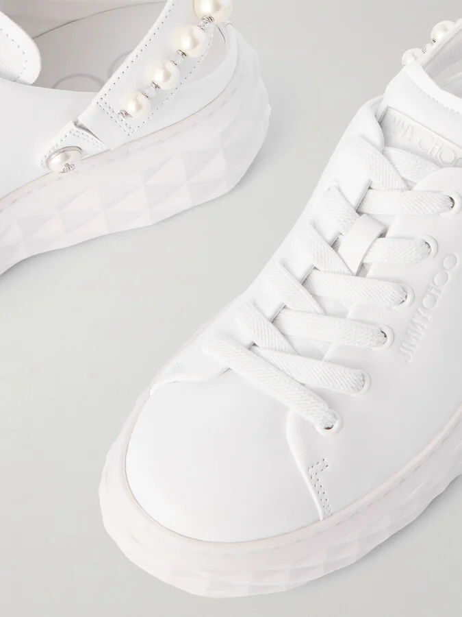 Jimmy Choo - Faux Pearl-embellished Leather Slingback Sneakers - White - Image 4