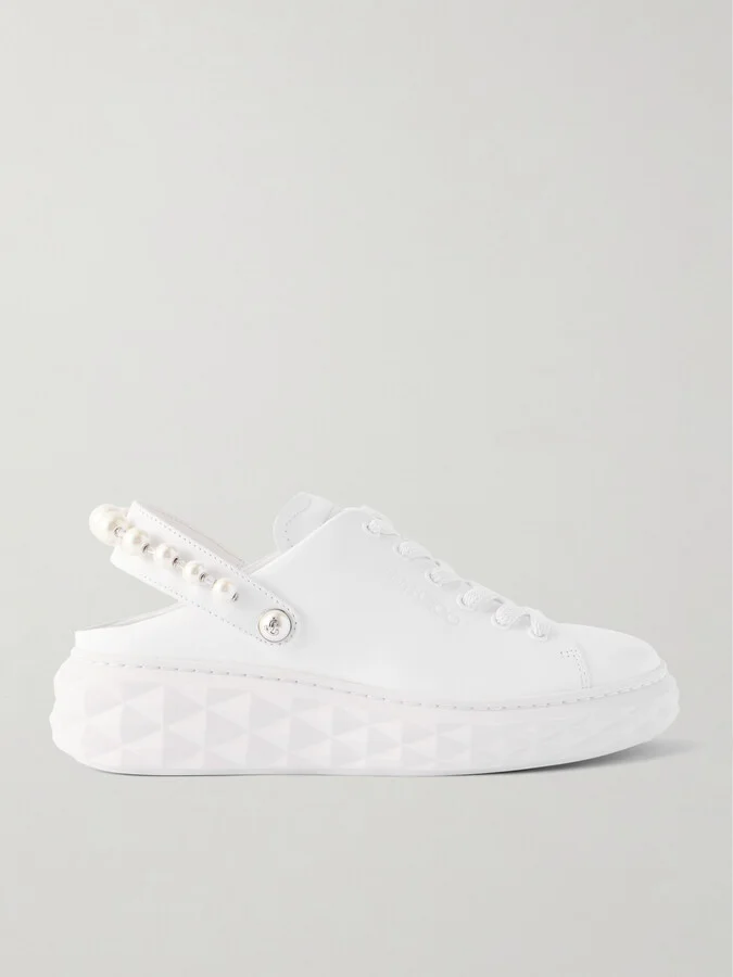 Jimmy Choo - Faux Pearl-embellished Leather Slingback Sneakers - White