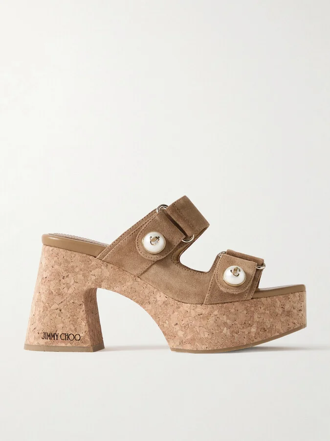 Jimmy Choo - Fayence 95 Faux Pearl-embellished Suede Platform Mules - Brown