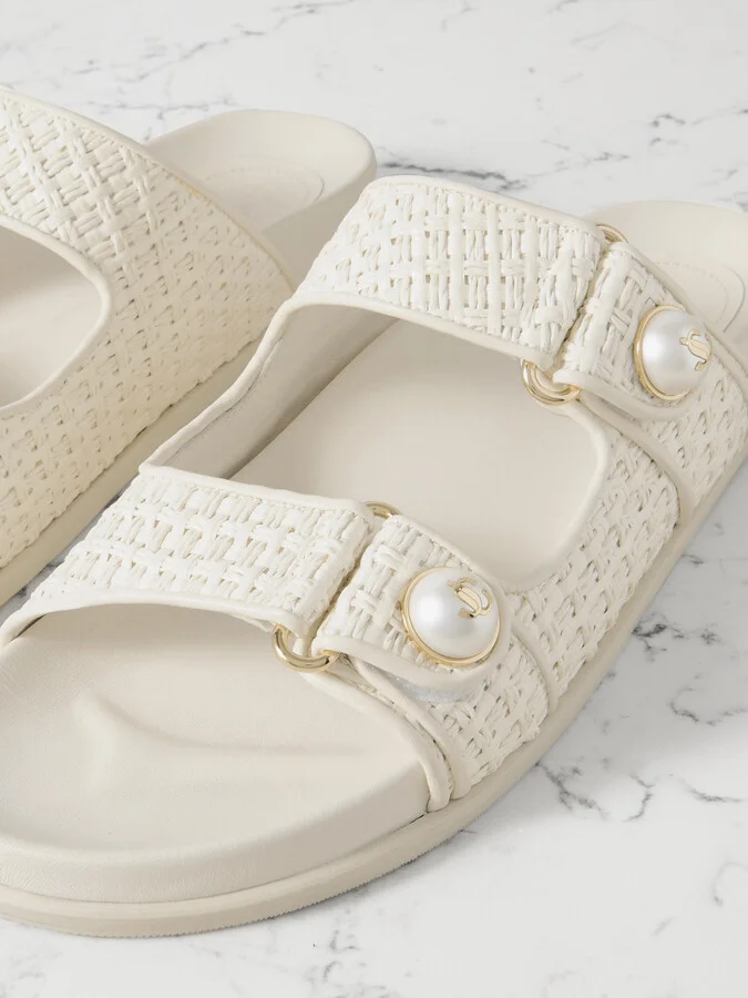 Jimmy Choo - Fayence Faux Pearl-embellished Raffia Slides - Cream - Image 4