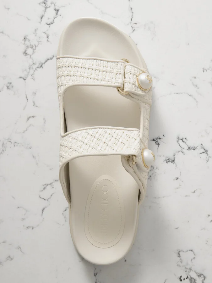 Jimmy Choo - Fayence Faux Pearl-embellished Raffia Slides - Cream - Image 5