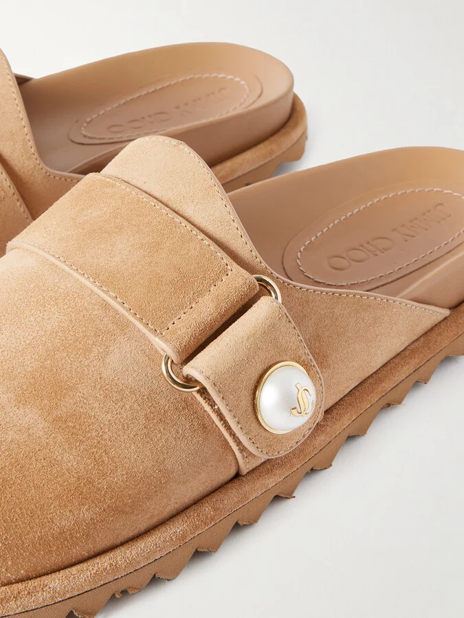 Jimmy Choo - Fayence Faux Pearl-embellished Suede Mules - Brown - Image 4