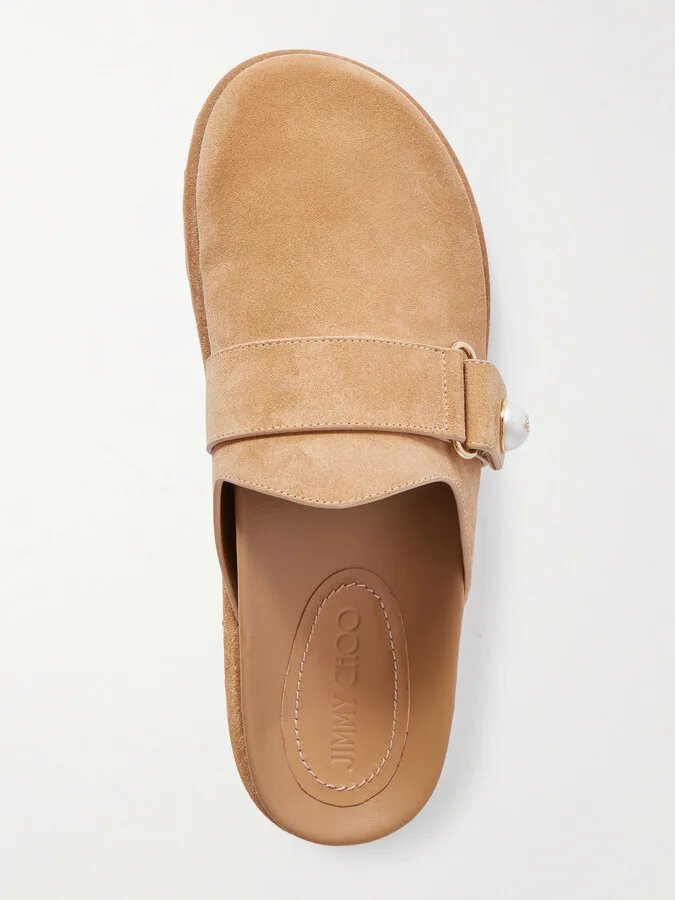 Jimmy Choo - Fayence Faux Pearl-embellished Suede Mules - Brown - Image 5