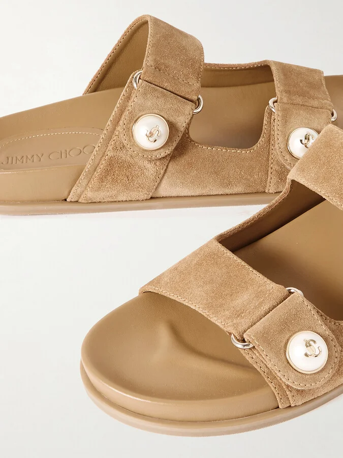 Jimmy Choo - Fayence Faux Pearl-embellished Suede Slides - Brown - Image 4