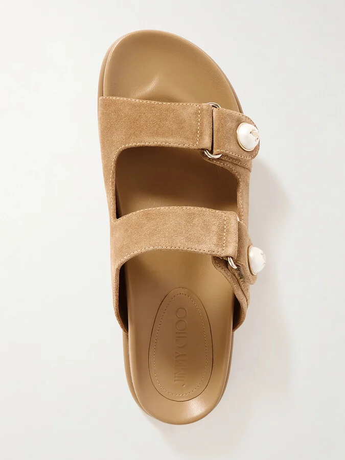 Jimmy Choo - Fayence Faux Pearl-embellished Suede Slides - Brown - Image 5