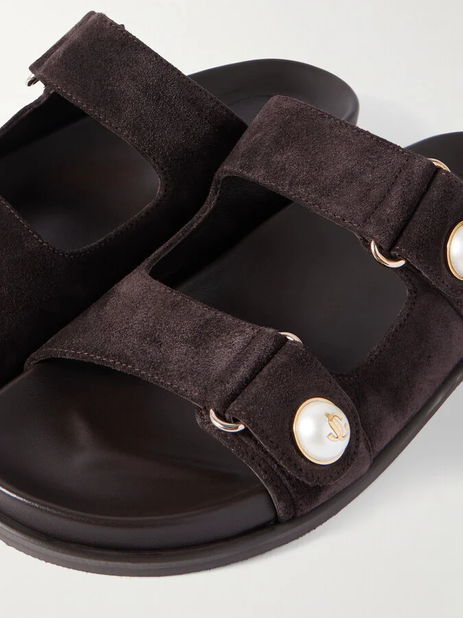 Jimmy Choo - Fayence Faux Pearl-embellished Suede Slides - Brown - Image 4