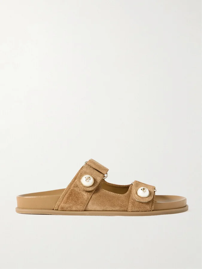 Jimmy Choo - Fayence Faux Pearl-embellished Suede Slides - Brown