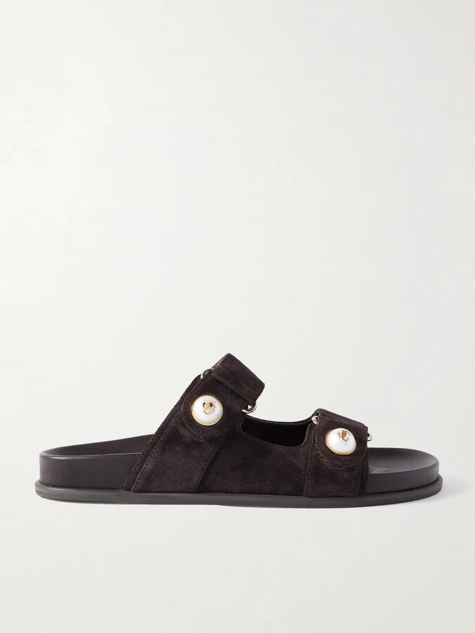 Jimmy Choo - Fayence Faux Pearl-embellished Suede Slides - Brown