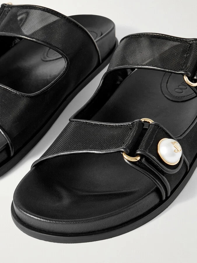 Jimmy Choo - Fayence Leather-trimmed Faux Pearl-embellished Mesh Slides - Black - Image 4