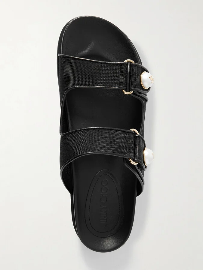 Jimmy Choo - Fayence Leather-trimmed Faux Pearl-embellished Mesh Slides - Black - Image 5