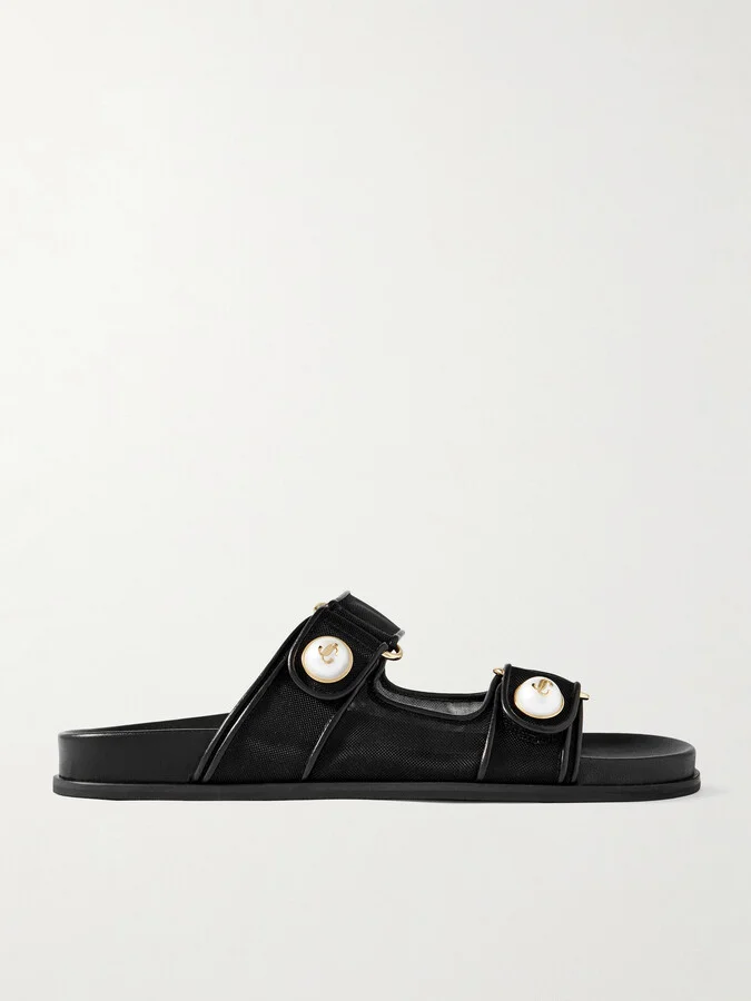 Jimmy Choo - Fayence Leather-trimmed Faux Pearl-embellished Mesh Slides - Black