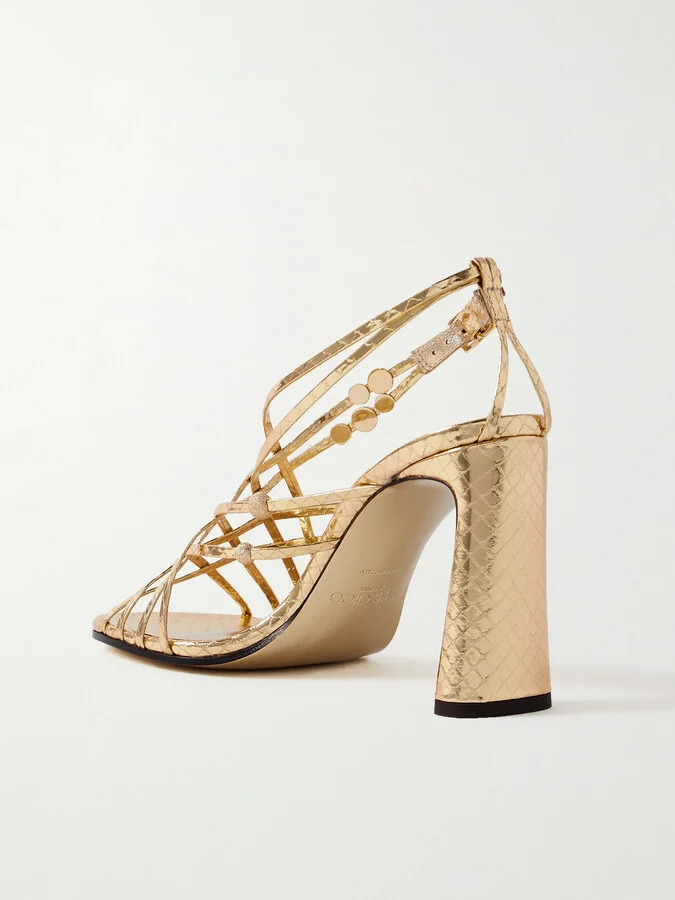 Jimmy Choo - Felice 95 Embellished Metallic Snake-effect Leather Sandals - Gold - Image 3