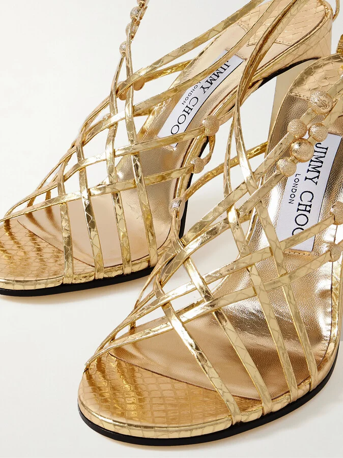 Jimmy Choo - Felice 95 Embellished Metallic Snake-effect Leather Sandals - Gold - Image 4