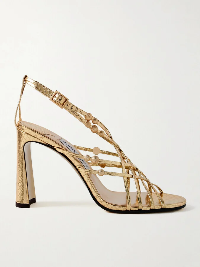 Jimmy Choo - Felice 95 Embellished Metallic Snake-effect Leather Sandals - Gold