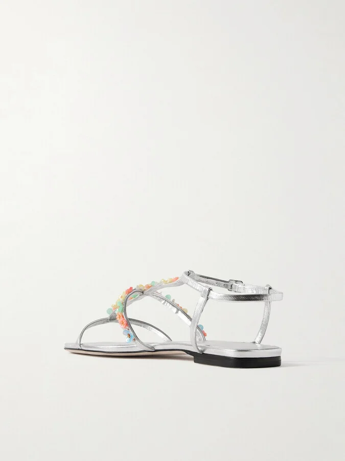 Jimmy Choo - Gwyn Bead-embellished Metallic Leather Sandals - Silver - Image 3