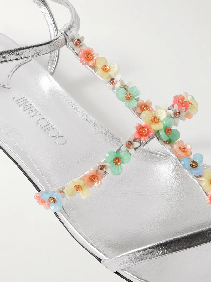 Jimmy Choo - Gwyn Bead-embellished Metallic Leather Sandals - Silver - Image 4