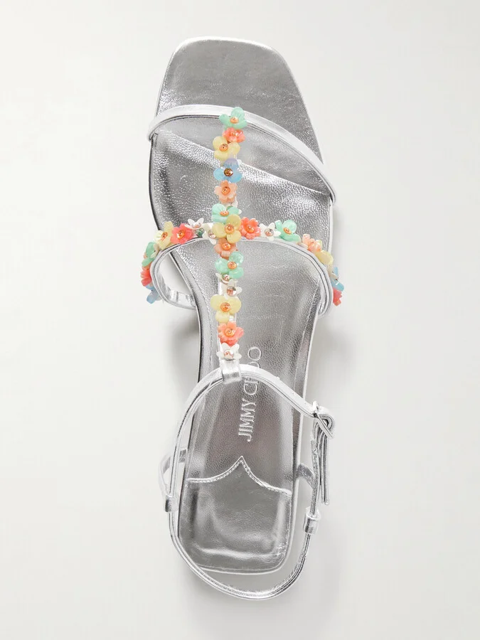Jimmy Choo - Gwyn Bead-embellished Metallic Leather Sandals - Silver - Image 5