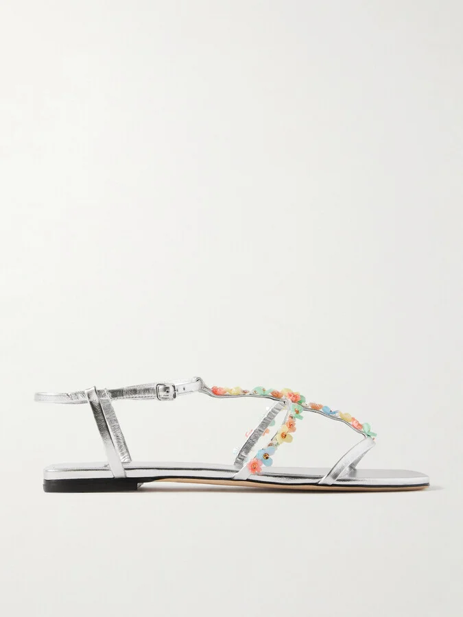 Jimmy Choo - Gwyn Bead-embellished Metallic Leather Sandals - Silver