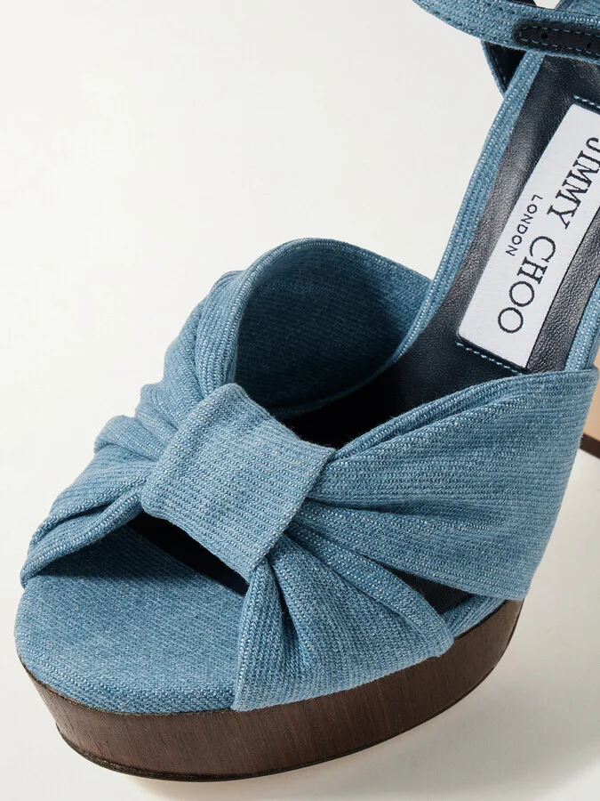 Jimmy Choo - Heloise 120 Knotted Denim Platform Sandals - Blue - Image 4
