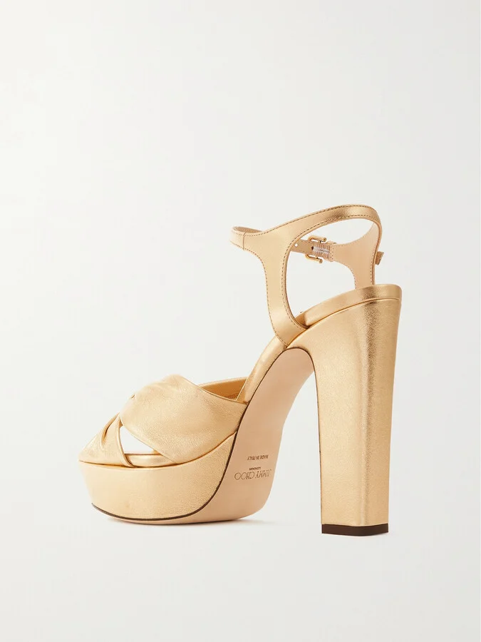 Jimmy Choo - Heloise 120 Knotted Metallic Leather Platform Sandals - Gold - Image 3