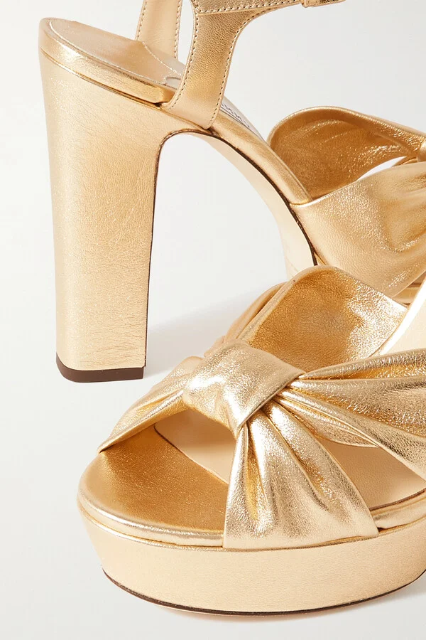 Jimmy Choo - Heloise 120 Knotted Metallic Leather Platform Sandals - Gold - Image 4