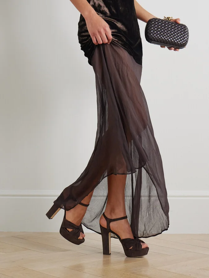 Jimmy Choo - Heloise 120 Knotted Suede Platform Sandals - Brown - Image 2