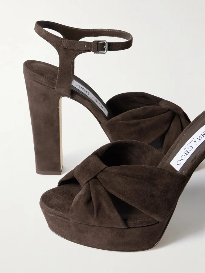 Jimmy Choo - Heloise 120 Knotted Suede Platform Sandals - Brown - Image 4