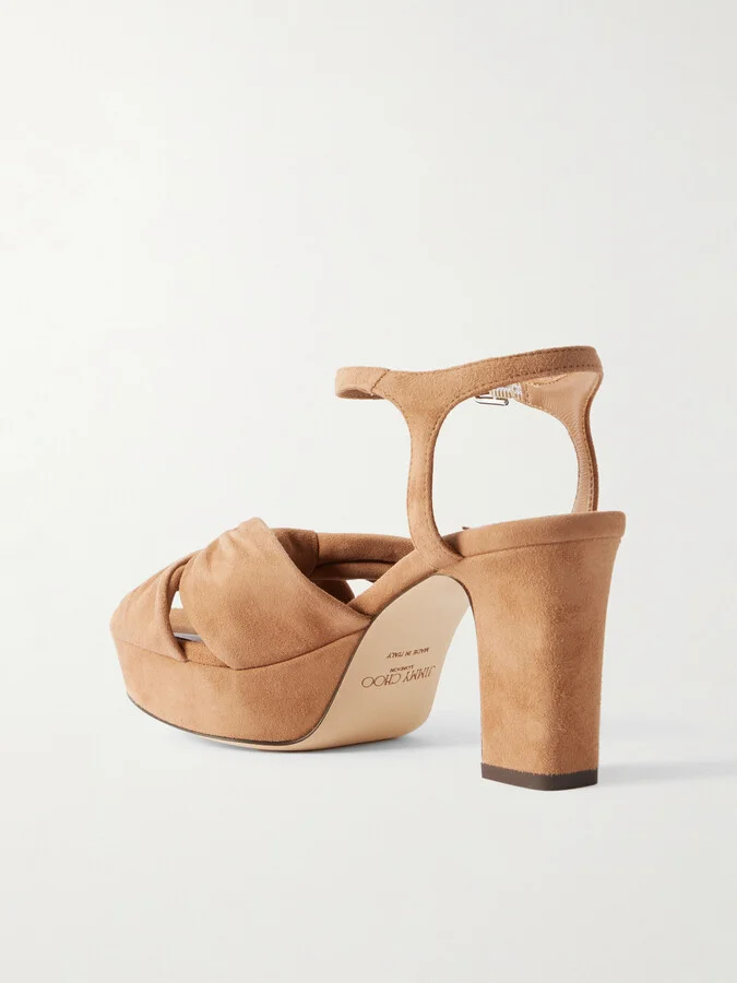 Jimmy Choo - Heloise 80 Knotted Suede Platform Sandals - Brown - Image 3