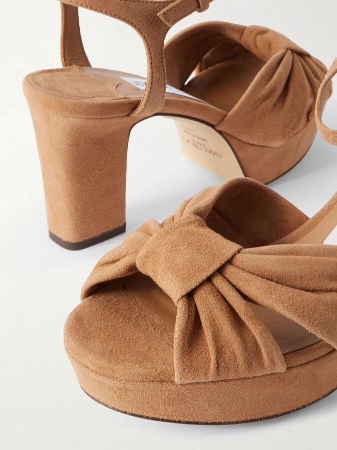 Jimmy Choo - Heloise 80 Knotted Suede Platform Sandals - Brown - Image 4