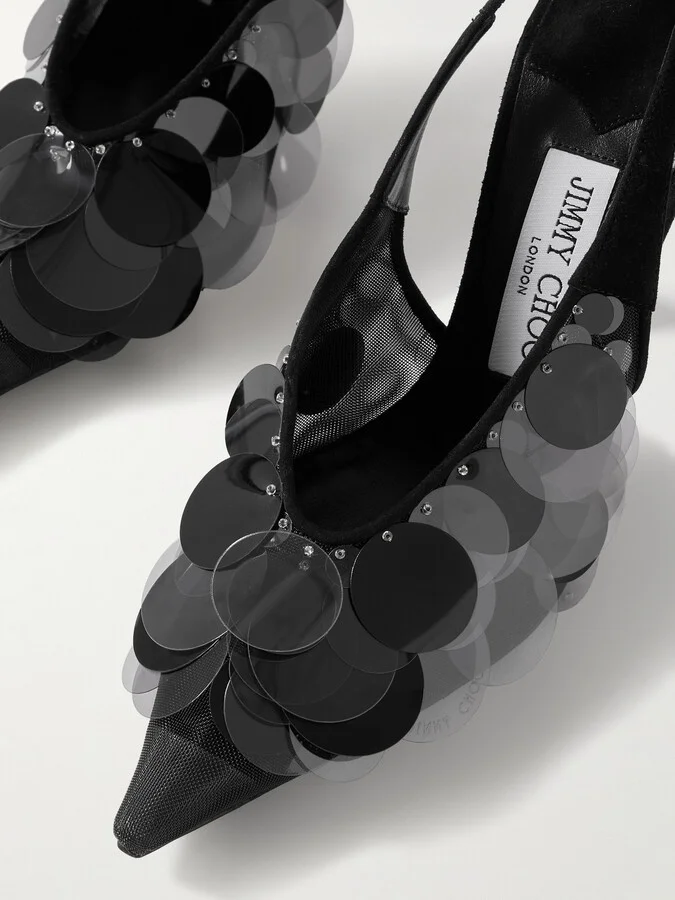 Jimmy Choo - Isa 95 Embellished Suede-trimmed Mesh Slingback Pumps - Black - Image 4