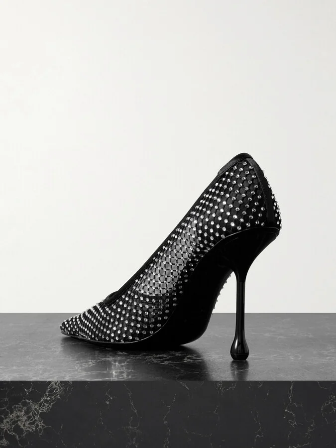Jimmy Choo - Ixia 95 Crystal-embellished Satin And Mesh Point-toe Pumps - Black - Image 3