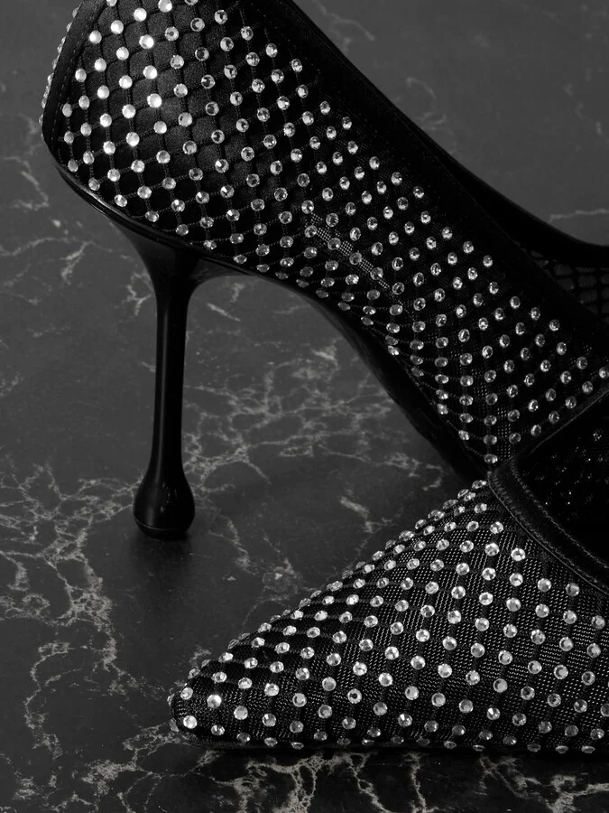 Jimmy Choo - Ixia 95 Crystal-embellished Satin And Mesh Point-toe Pumps - Black - Image 4