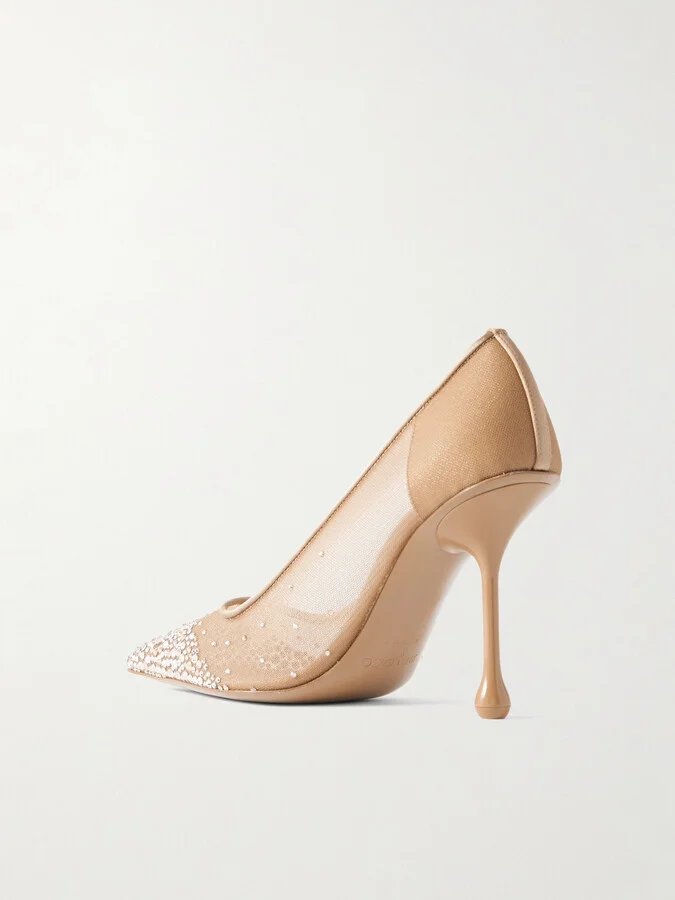 Jimmy Choo - Ixia Satin-trimmed Crystal-embellished Mesh Pumps - Gold - Image 3